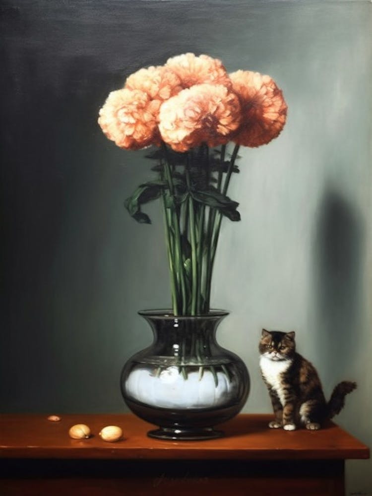 Painting Of A Still Life Of A Carnations With A Cat, Realism 4
