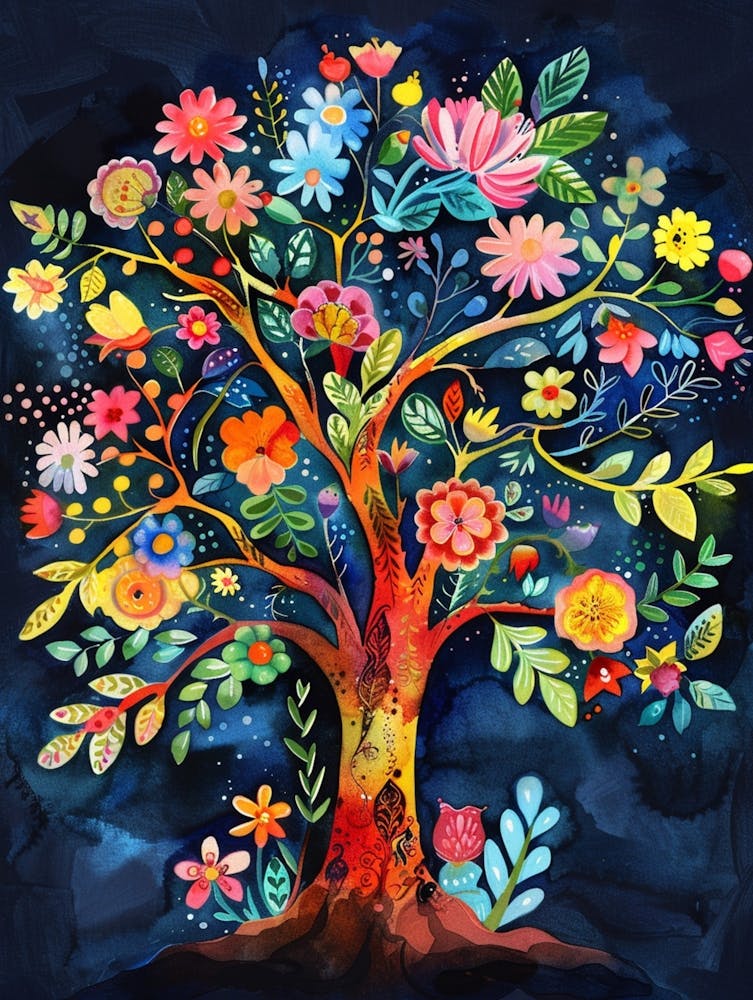 Bright Tree Of Life, Painting In The Style Of Henri Rousseau, Watercolor Painting, 300 Dpi, 4k,