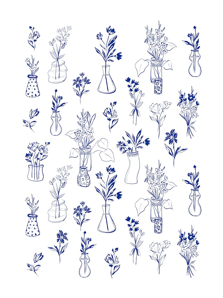 Flowers In Vases- Blue line pattern