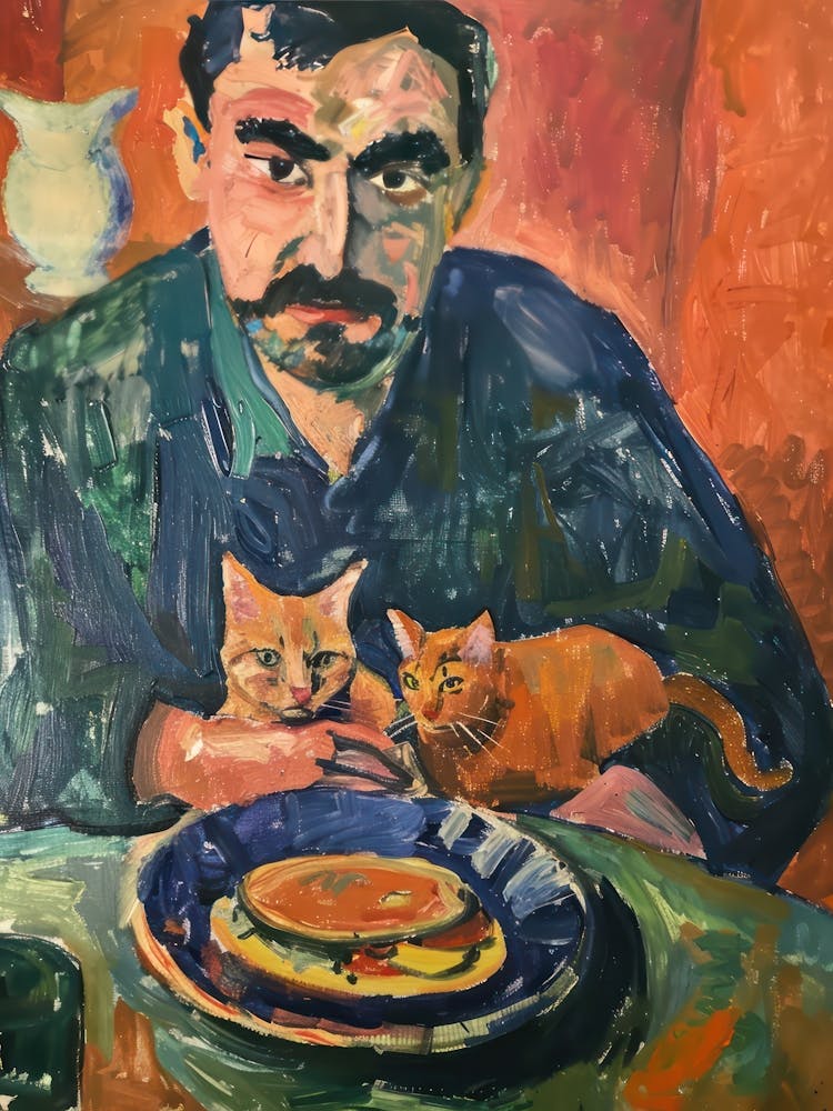 Portrait Of A Man With Cats Having Dinner 1