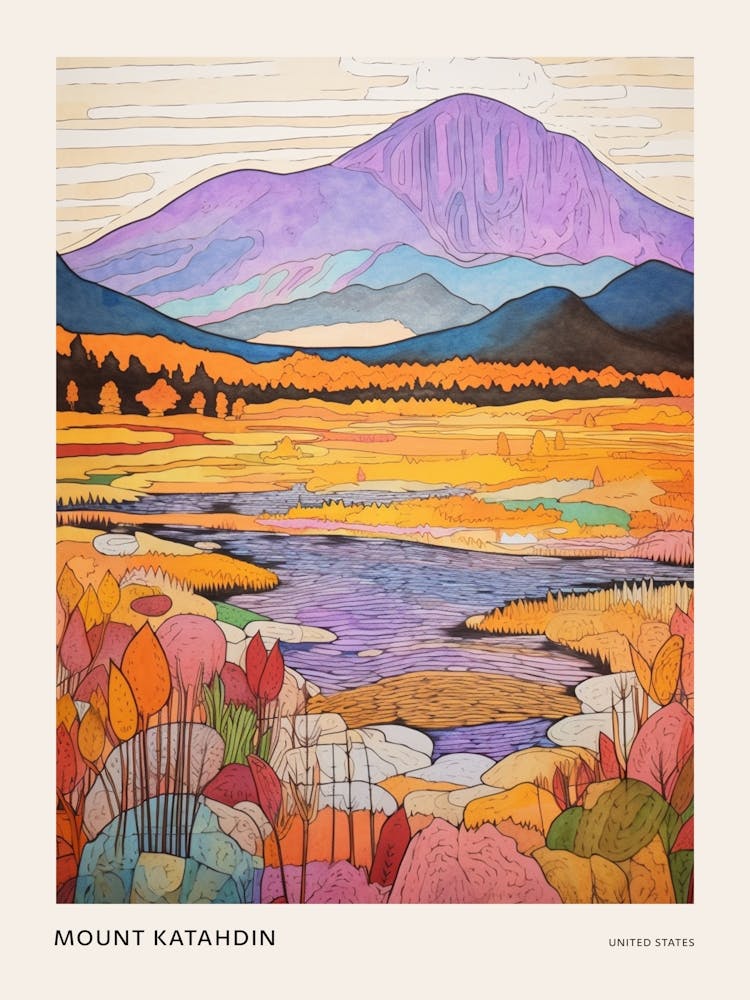 Mount Katahdin United States 2 Colourful Mountain Illustration Poster
