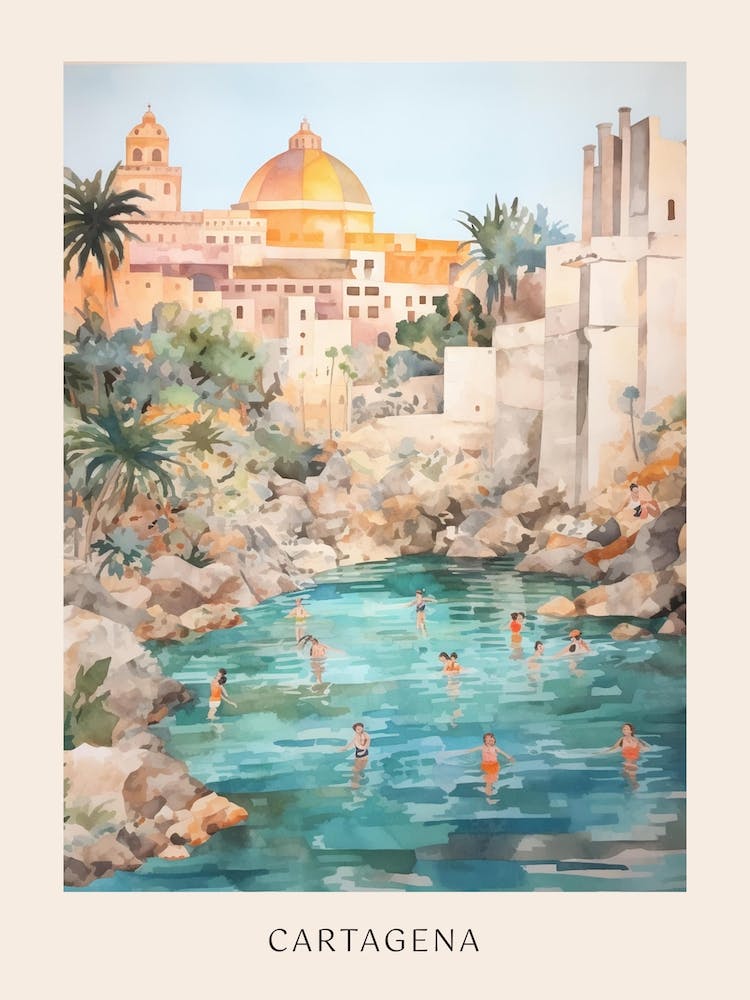 Swimming In Cartagena Spain Watercolour Poster