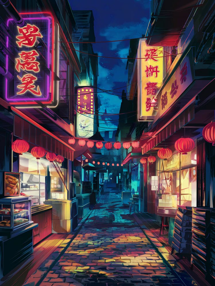 Anime Wall Art: A vibrant, lofi-style Asian market alley at night, glowing with neon signs and red lanterns. Cozy storefronts line the cobblestone path, evoking a moody and nostalgic atmosphere.