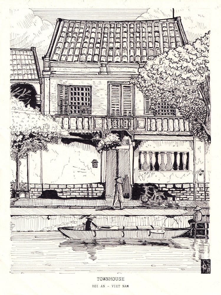 Hoi An Townhouse - Vietnam Fine Line Sketch - Black Line Illustration, Travel