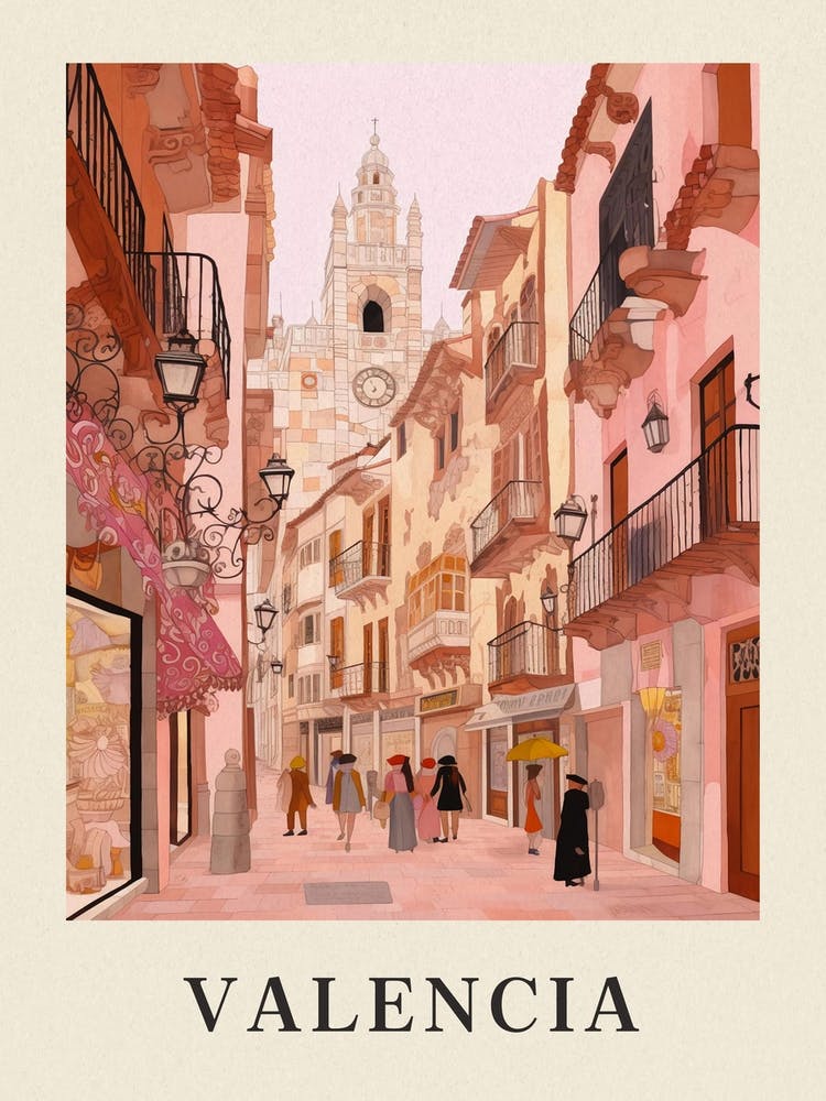 Valencia Spain 5 Vintage Pink Travel Illustration Poster