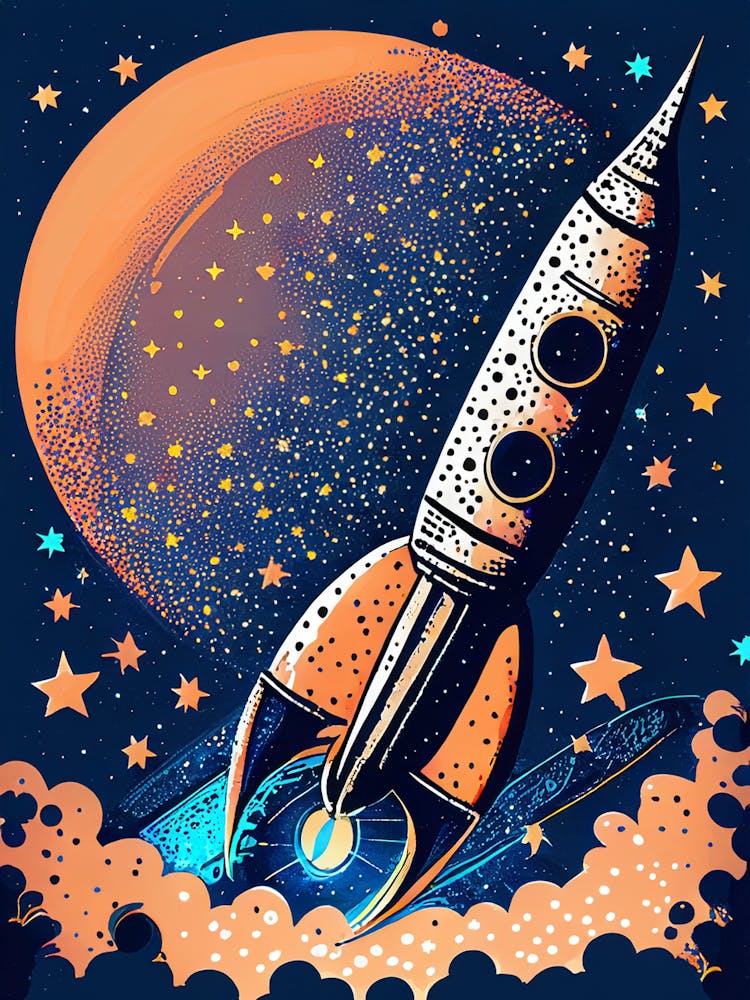 Retro Rocket and Planet - Space Adventure Art