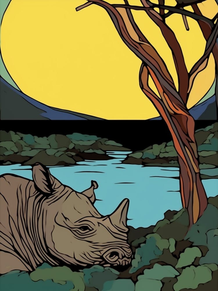Rhino Relaxing In The Bushes Simple Illustration 1