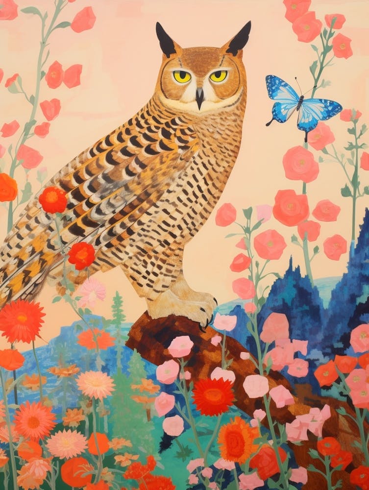 Maximalistisches Vogelgemälde Great Horned Owl 4