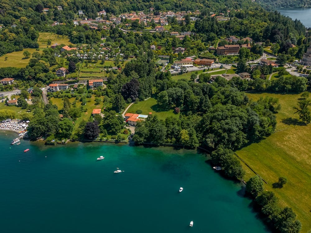 Top view of the Italian village by the lake. Aerial photography.