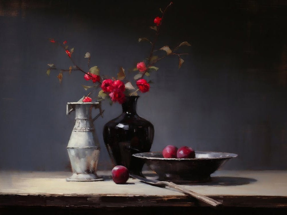 Dark Moody Flower Still Life Painting, Timeless Vintage Baroque Moody Flowers In Vase Still Life Oil Painting, Kitchen Still Life