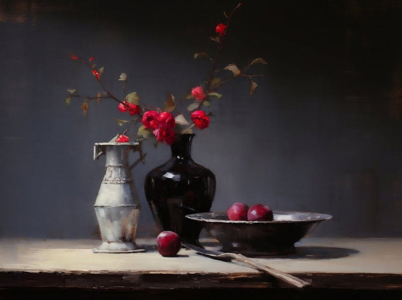 Dark Moody Flower Still Life Painting, Timeless Vintage Baroque Moody Flowers In Vase Still Life Oil Painting, Kitchen Still Life