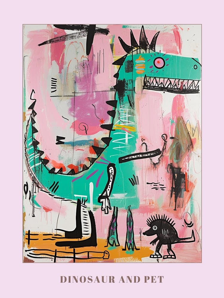 Dinosaur With Pet Blue Purple Pink 2 Poster