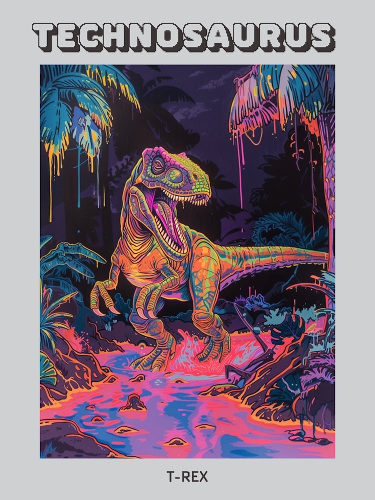 Scary Neon T Rex In River Poster