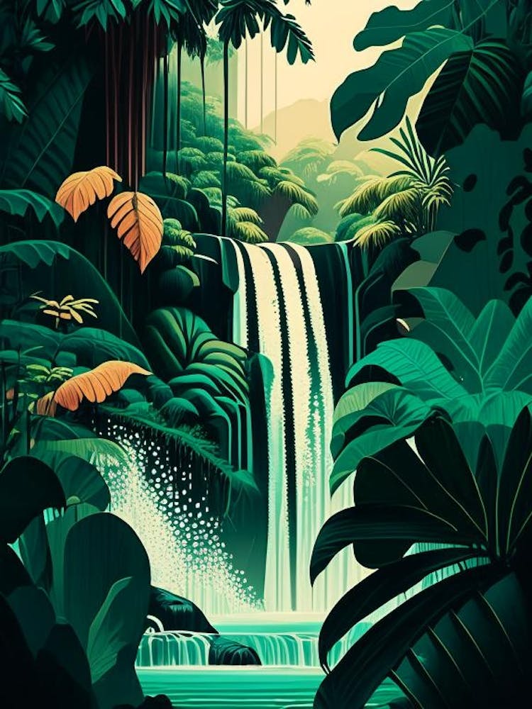 Wasserfälle in einer Dschungel-Wasserlandschaft Retro-Illustration 1
