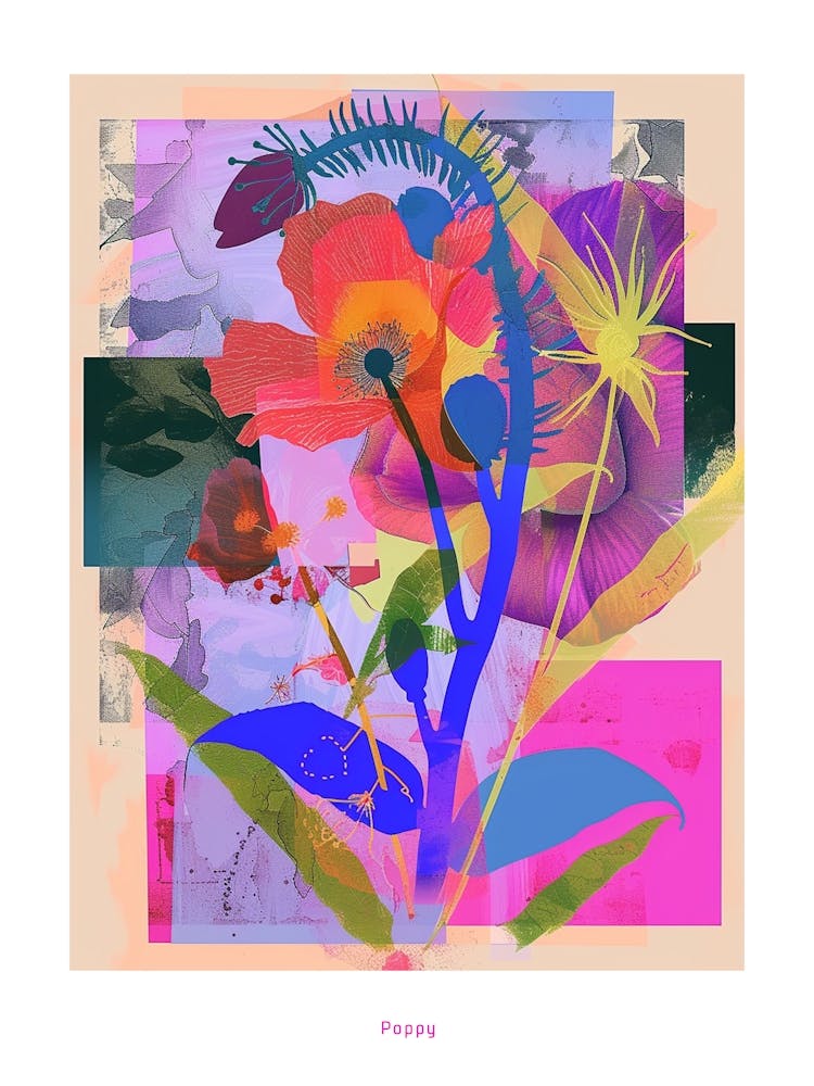 Poppy 3 Neon Flower Collage Poster
