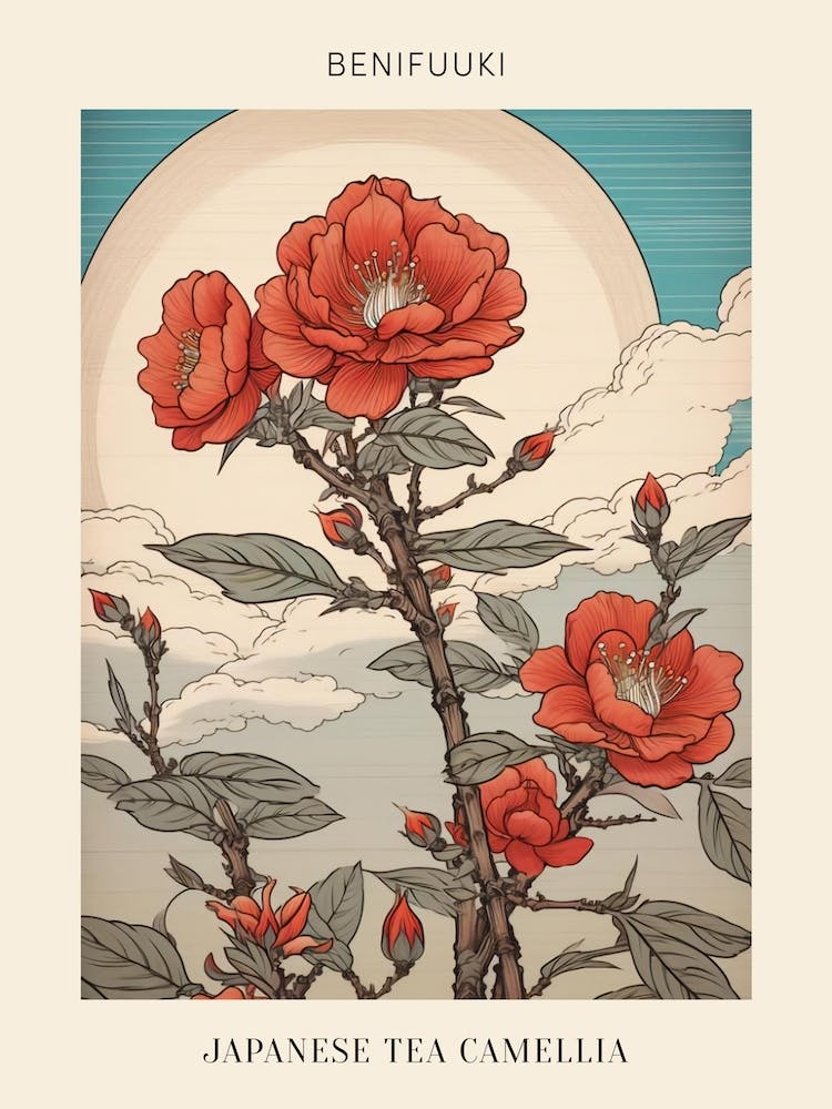Benifuuki Japanese Tea Camellia 3 Vinatge Japanese Botanical Poster