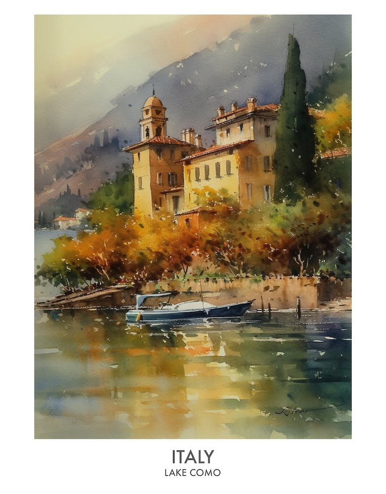 Lake Como, Italy 4 Watercolor Travel Poster