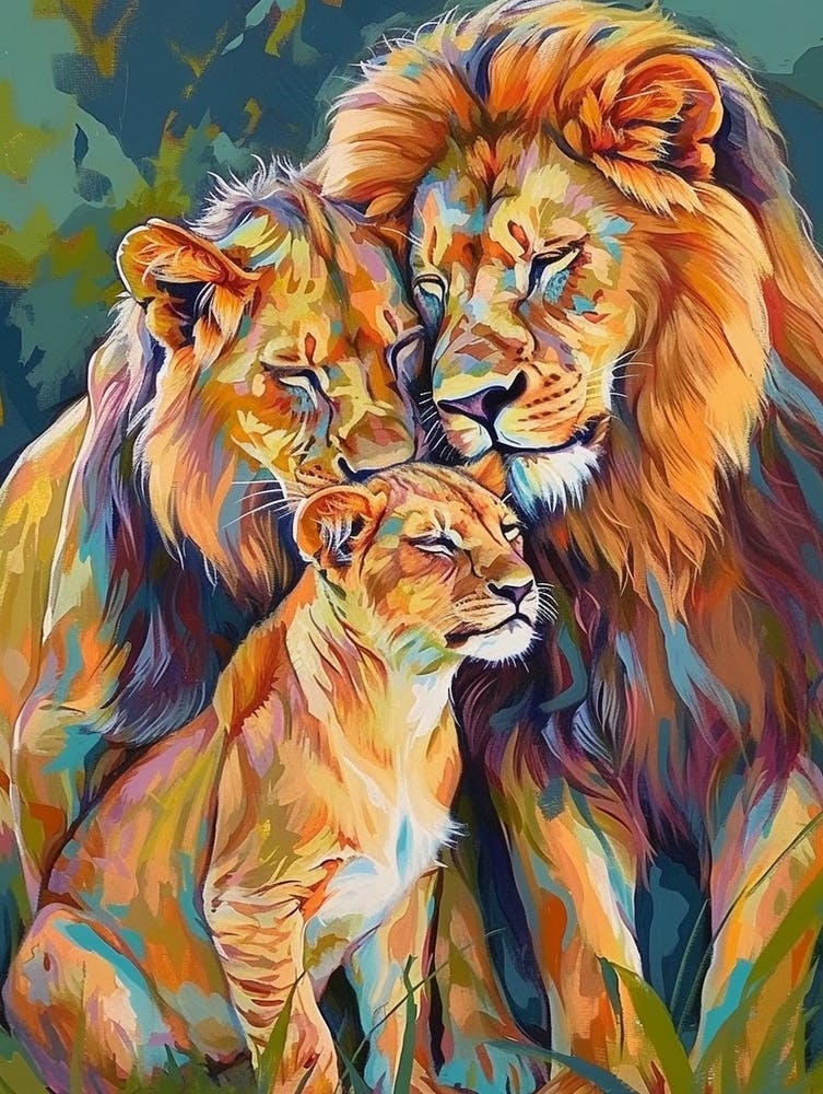 Southwest African Lion Family Bonding Fauvist Painting 1