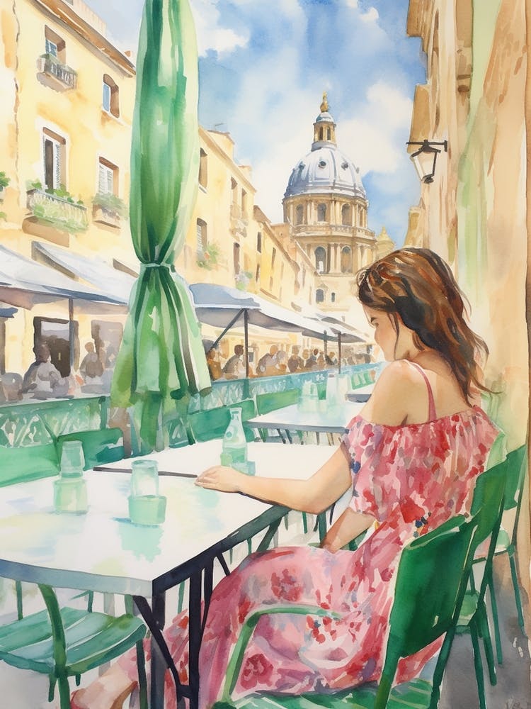 At A Cafe In Valletta Malta Watercolour