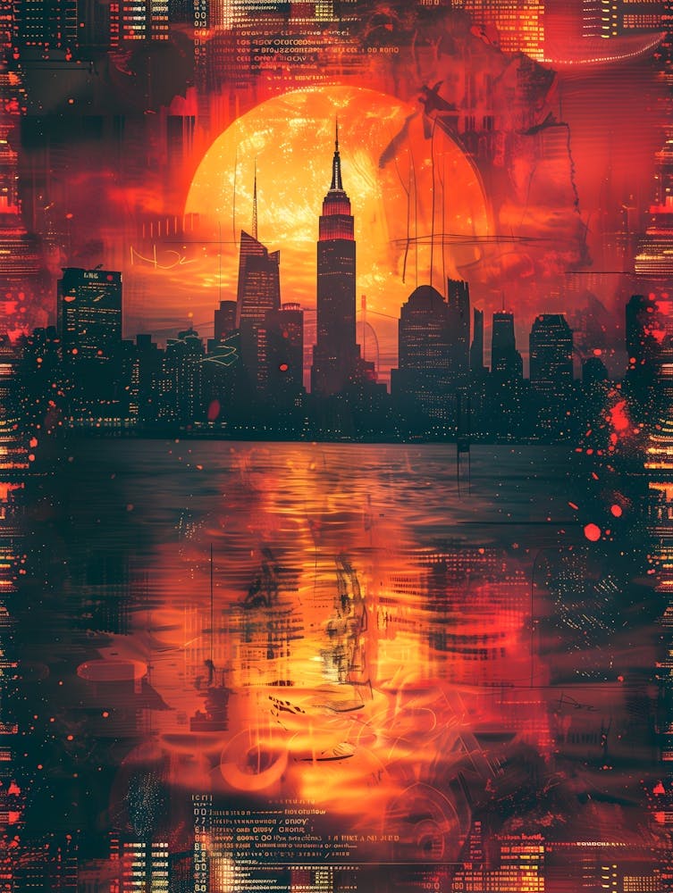 New York City Skyline, Cityscape Collage Retro