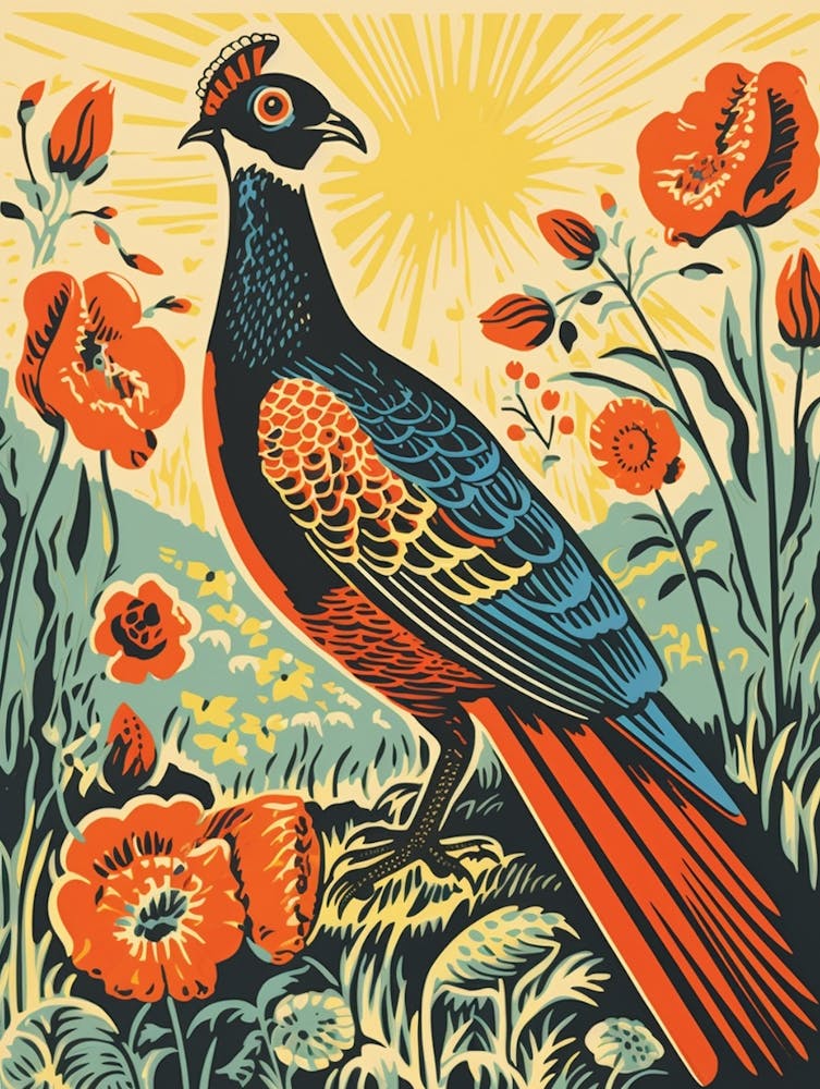 Linogravure d'Oiseau Vintage - Faisan 6