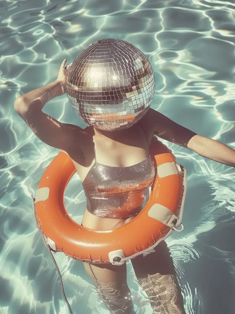Retro Disco Ball Woman In The Pool Luxury Mirrorball