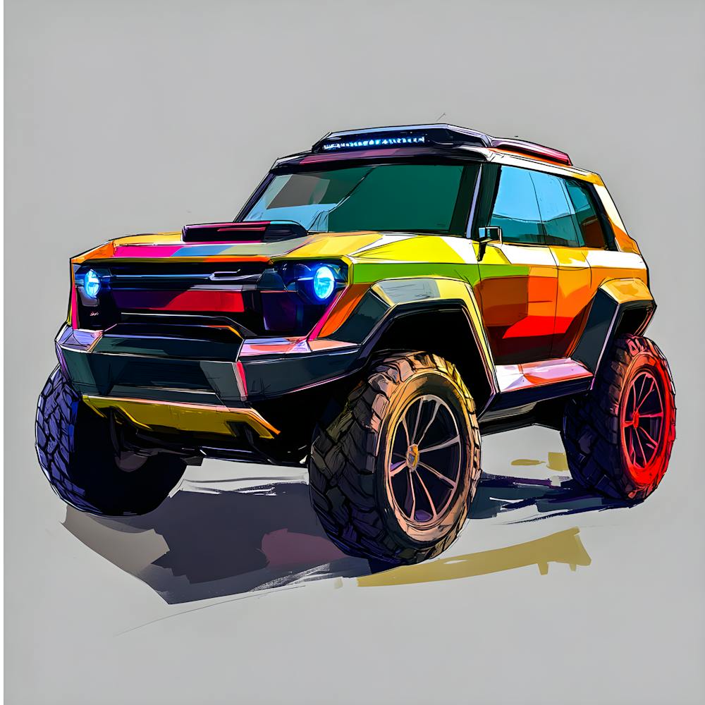 Futuristic Off Road Suv Digital Art – Vibrant Cyberpunk 4x4 Illustration – Modern Adventure Vehicle Poster – Colorful Concept Car Print