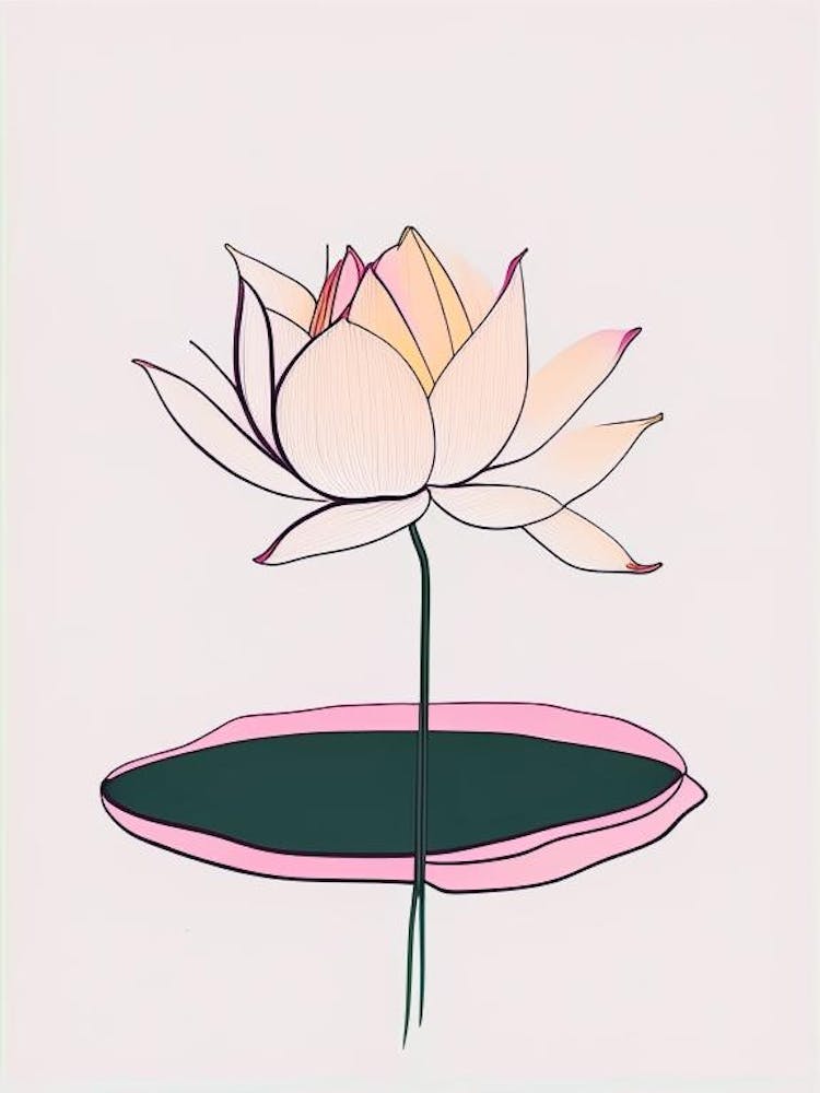 Blooming Lotus Flower In Pond Minimal Line Drawing 2