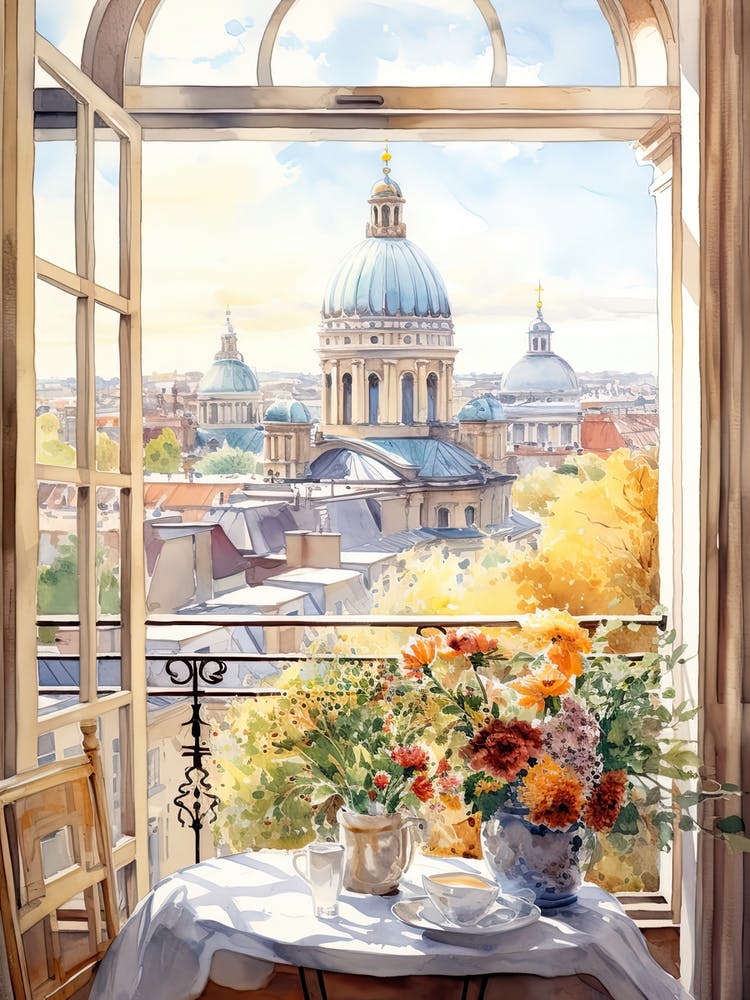 Window View Of Vilnius Lithuania In Autumn Fall, Watercolour 2