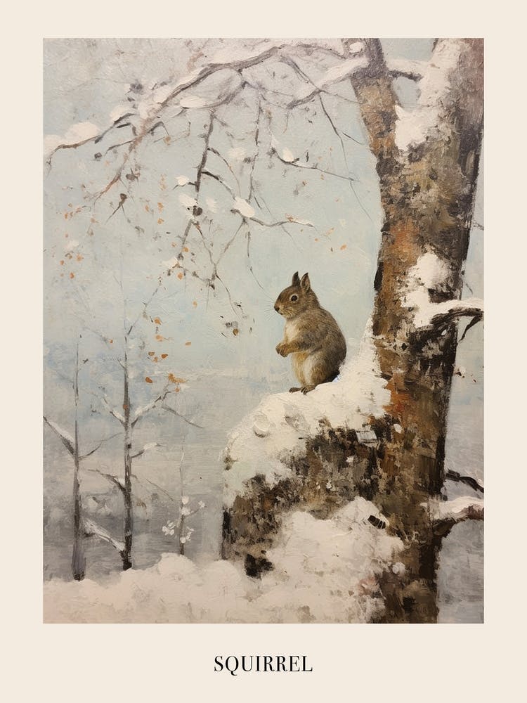 Vintage Winter Animal Painting Poster Squirrel 2