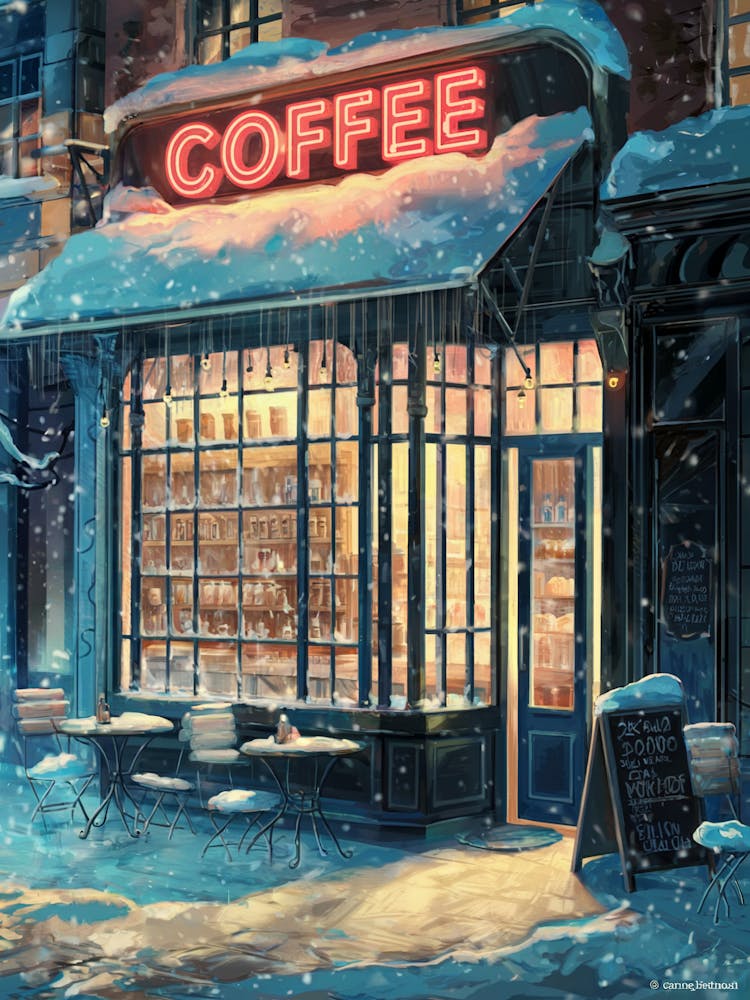 Anime Canvas Art: Cozy Winter Coffee Shop with Neon Signs and Falling Snow, Perfect for Lofi Aesthetic and Warm Urban Decor Lovers.