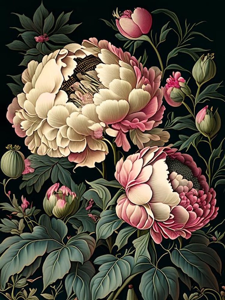 Cottage Gardens Peonies Vintage Botanical