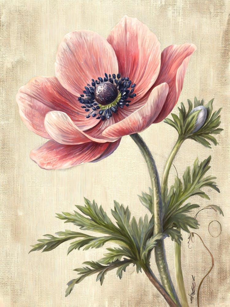 Oil Painting Style Stylized Anemone Flower On Line art