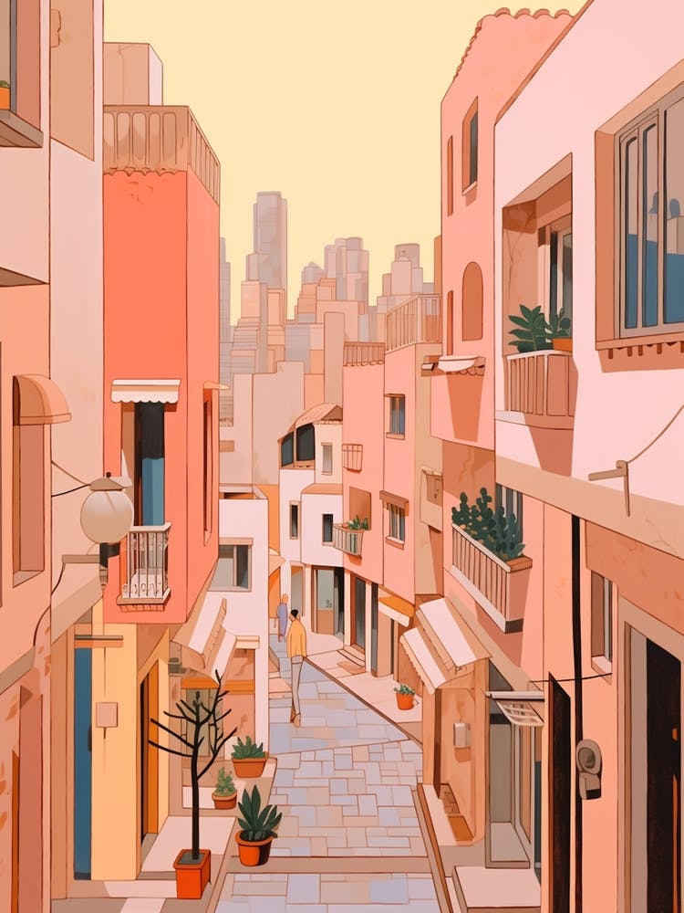 Tel Aviv Israel 7 Vintage Pink Travel Illustration