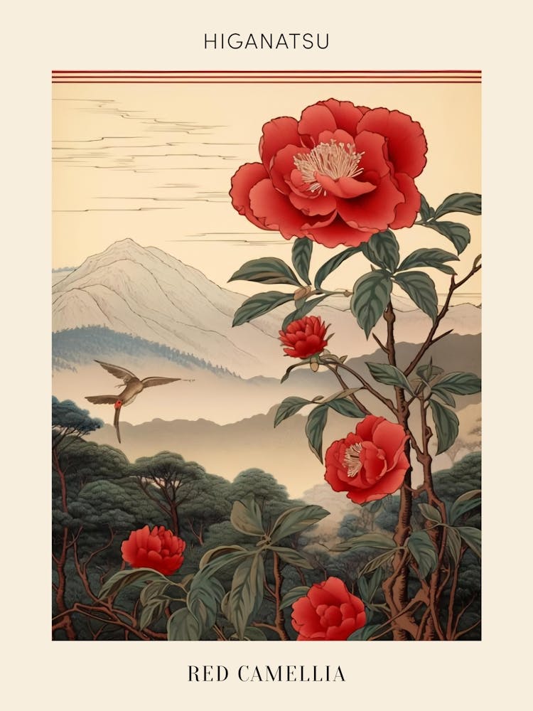 Higanatsu Red Camellia 1 Japanese Botanical Illustration Poster