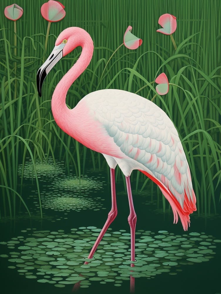 Ohara Koson Inspired Bird Painting Greater Flamingo 2