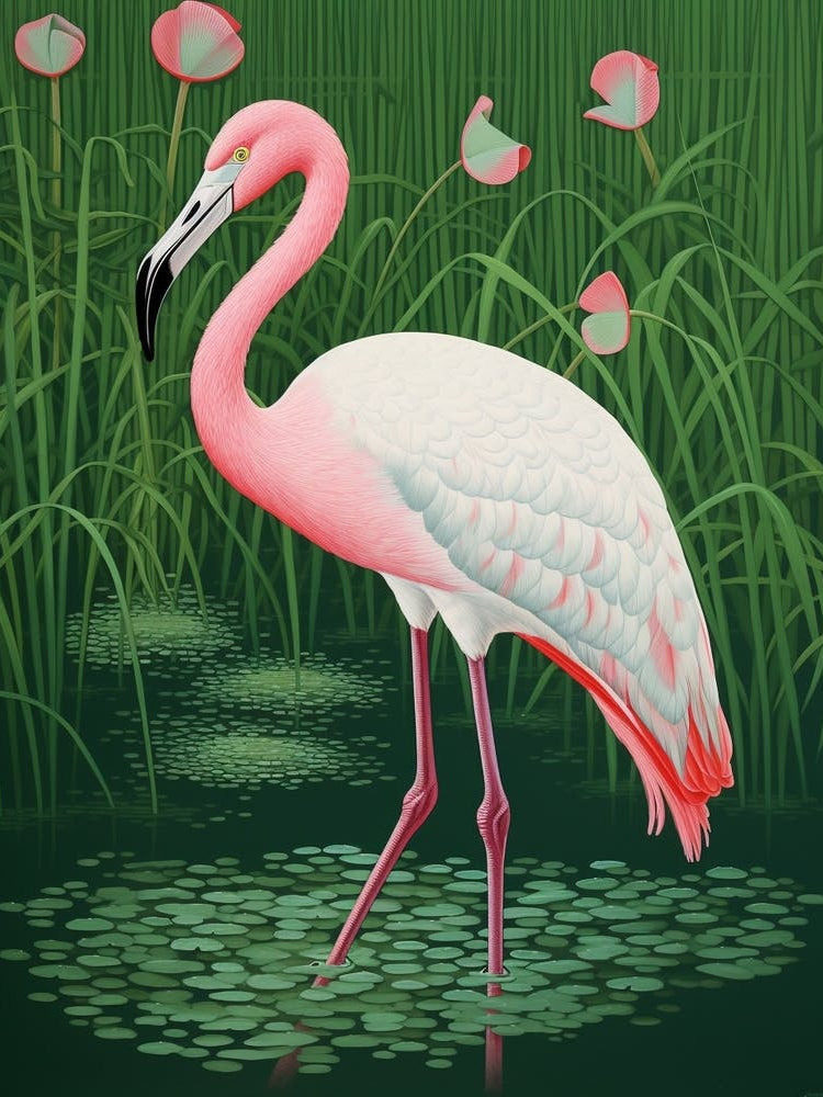 Ohara Koson Inspired Bird Painting Greater Flamingo 2