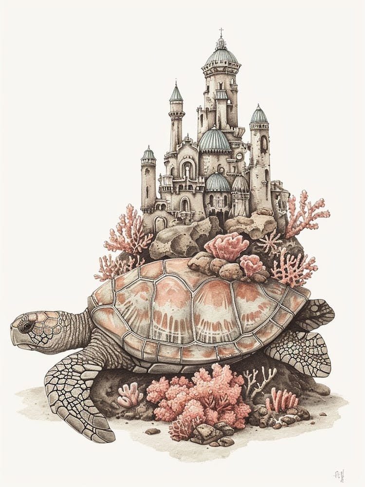 Sea Turtle With A Coral Castle Illustration 4