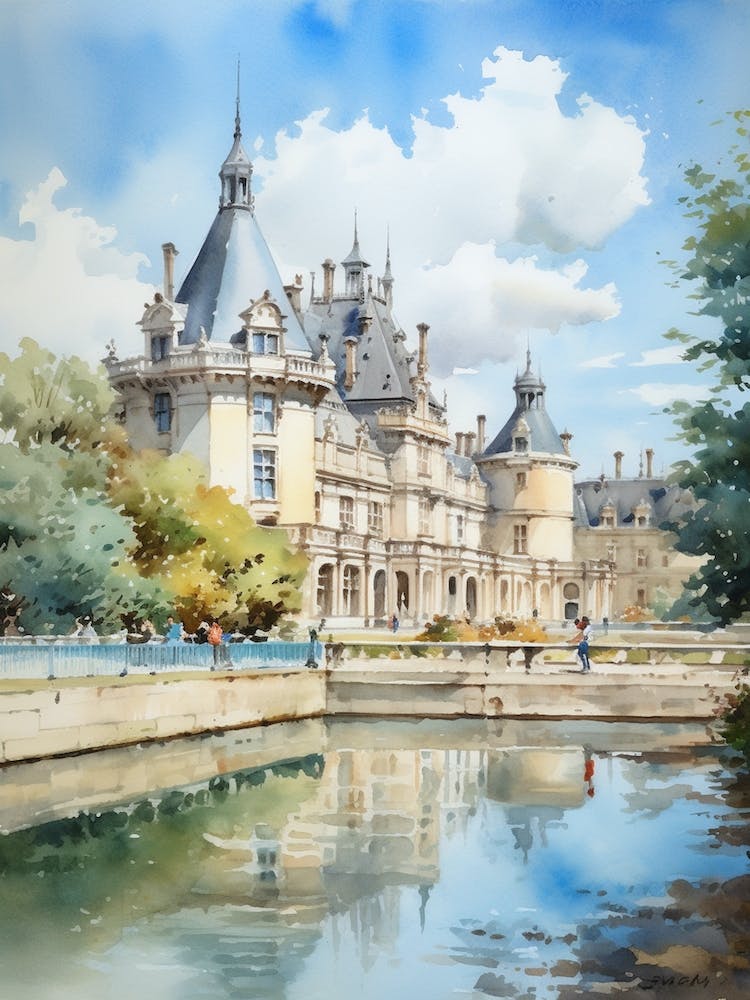 Cha Teau De Chantilly Gardens France Watercolour 2
