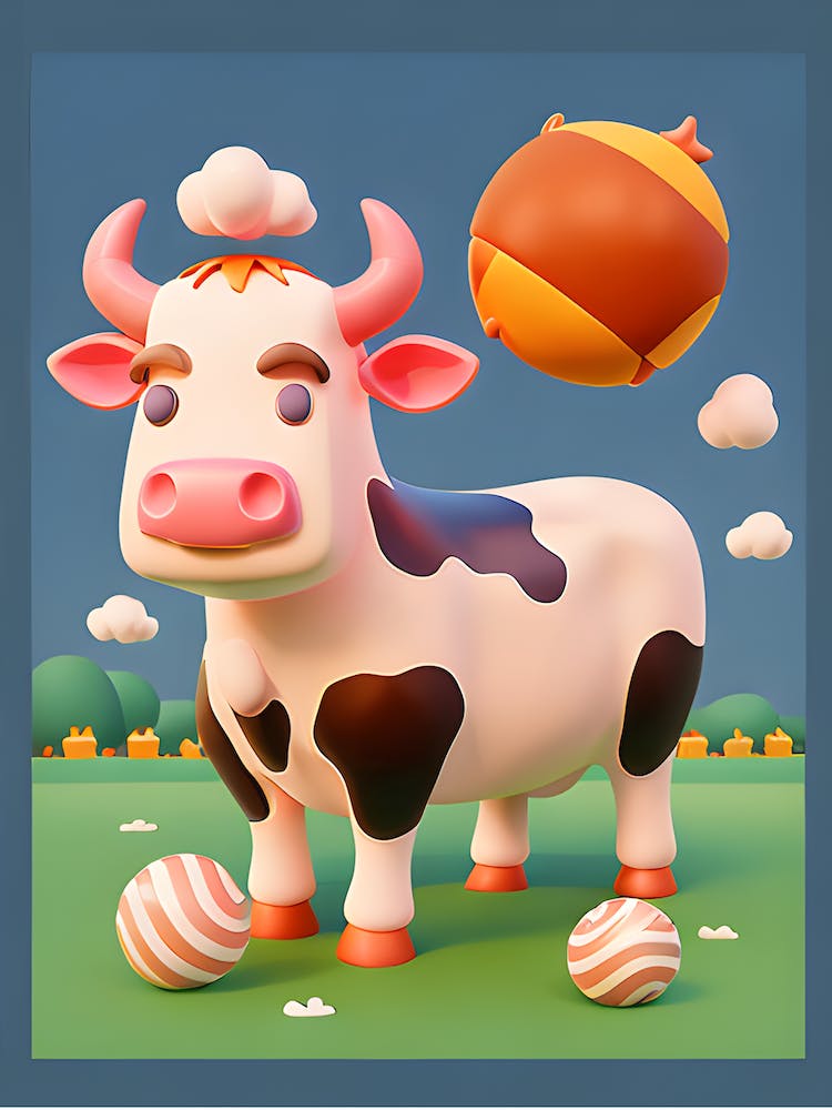 Cow Toon Characters Playing in Field