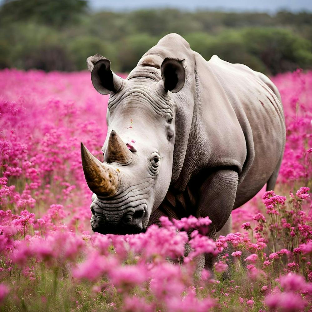 Rhino In Pink Flowers