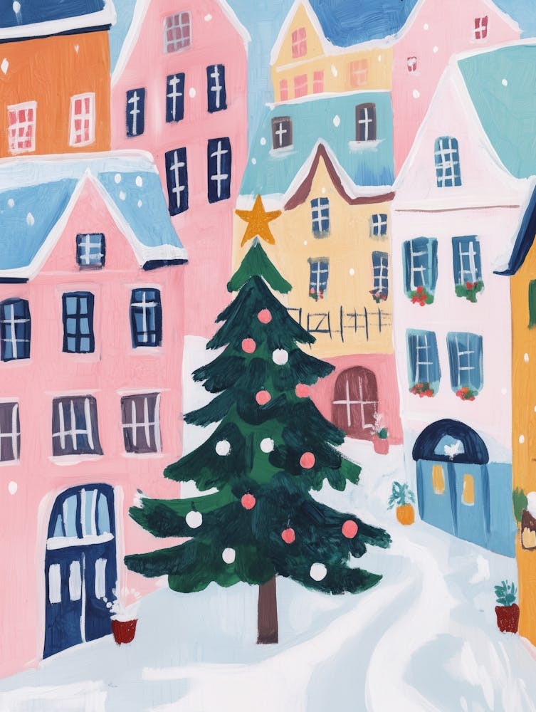 Christmas in Village Gouache Painting