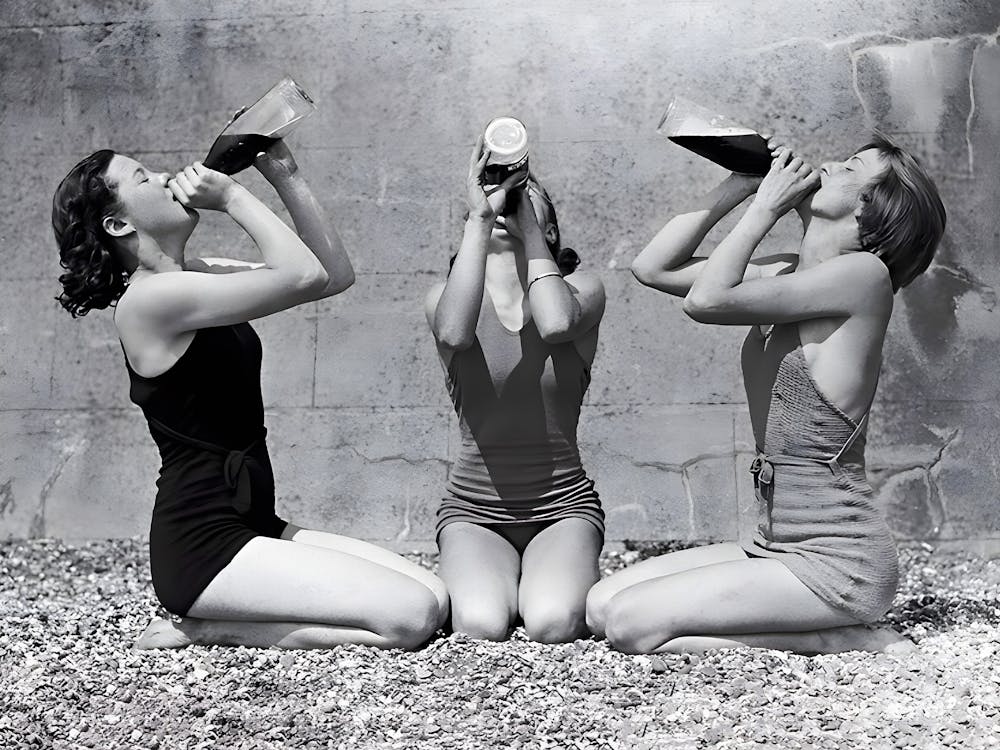 Three Women Drinking Beer, Black and White Old Photo, Vintage Bar Cart Decor