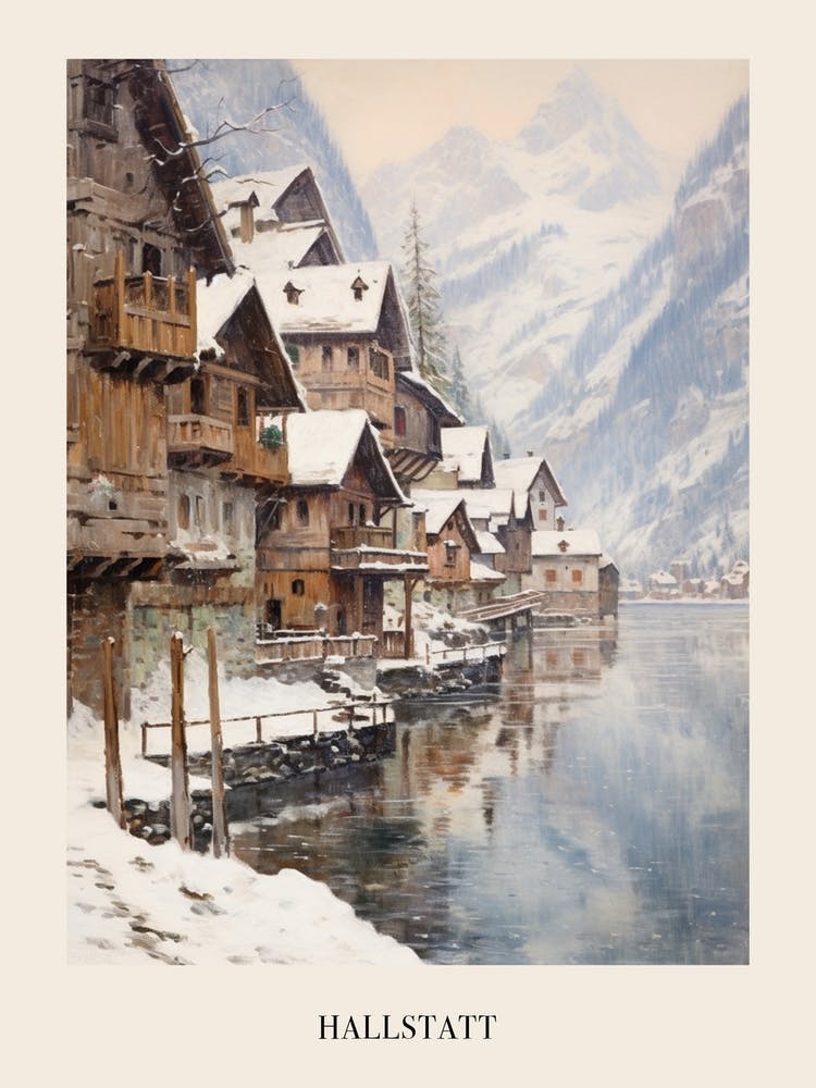 Vintage Winter Painting Poster Hallstatt Austria 2