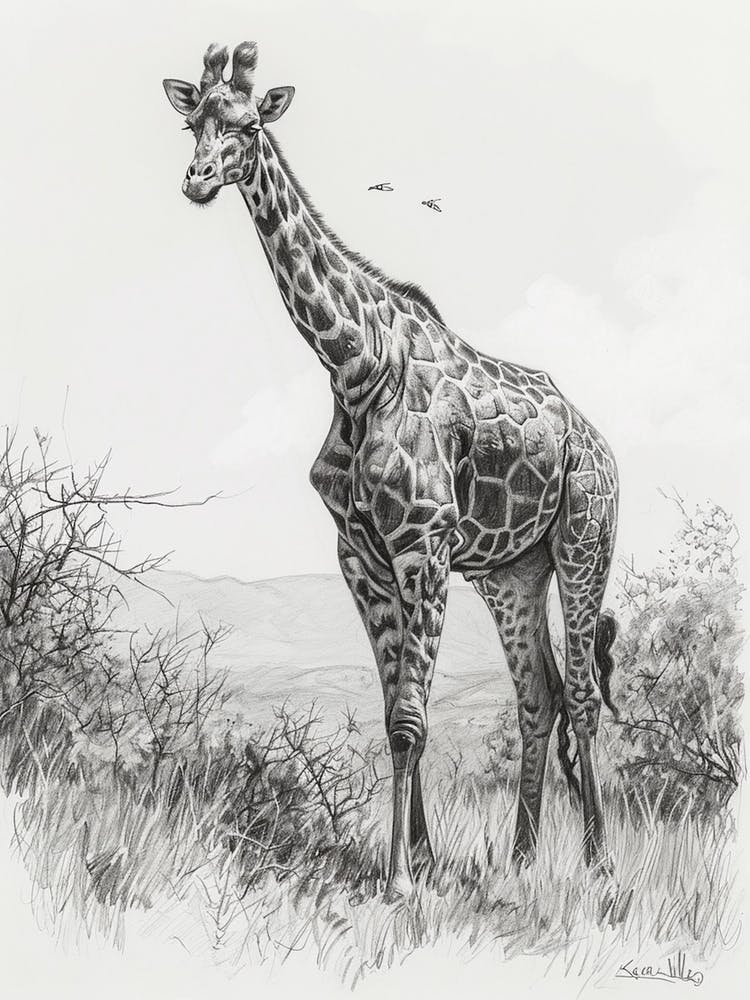 Pencil Portrait Of A Giraffe Standing 3
