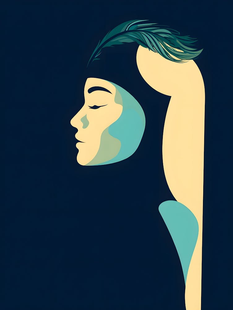 Abstract Woman Profile Print - Minimalist Graphic Art with Feather