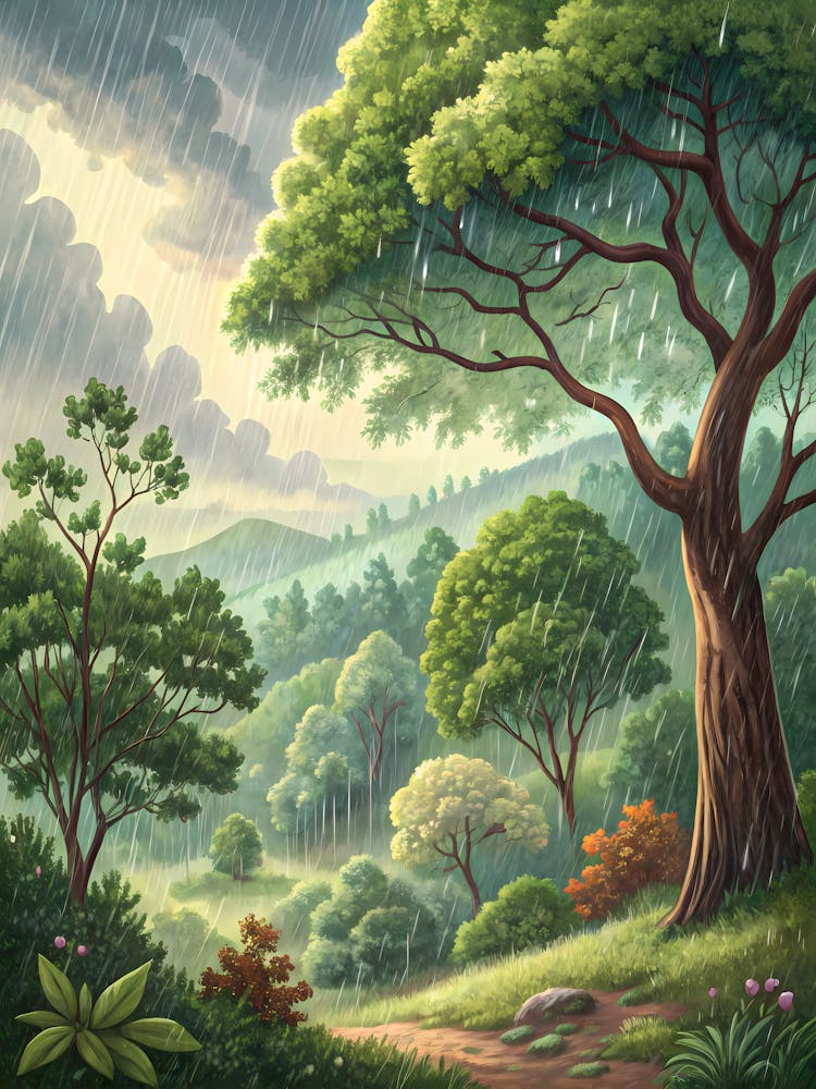 Nature-Inspired Wallpaper Featuring a Rainy Forest Oil Painting Style