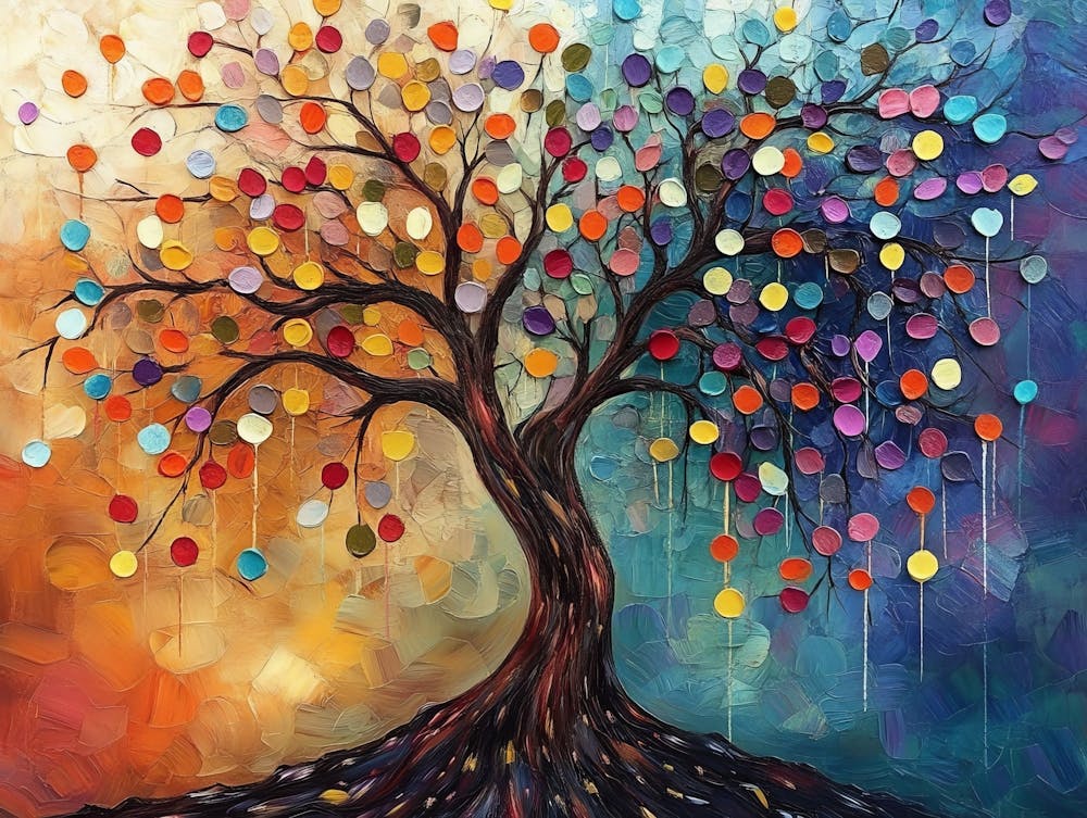 3d Abstract Colorful Tree with Hanging Branches and Multicolored