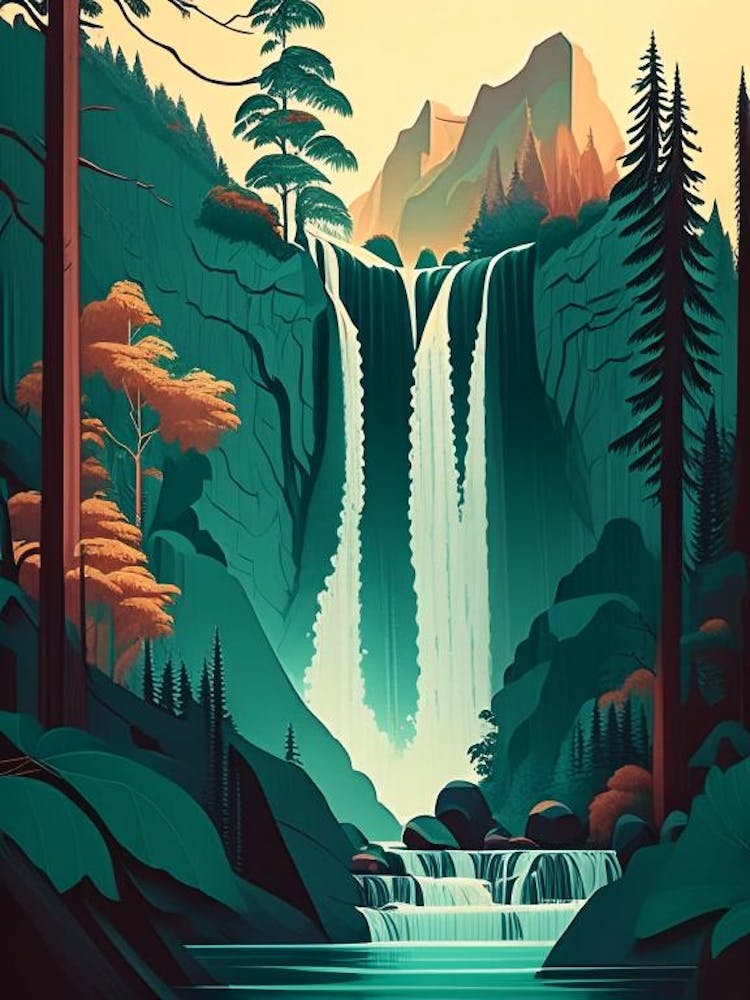 Waterfalls In Forest Water Landscapes Waterscape Retro Illustration 1