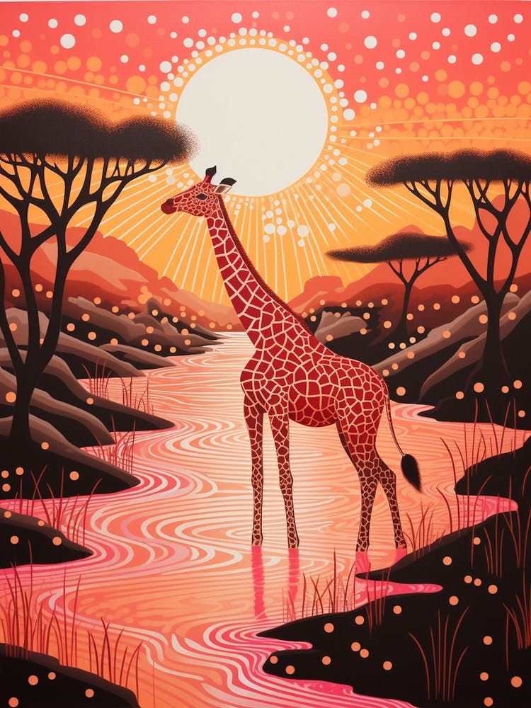 Giraffe In The River At Sunrise 2